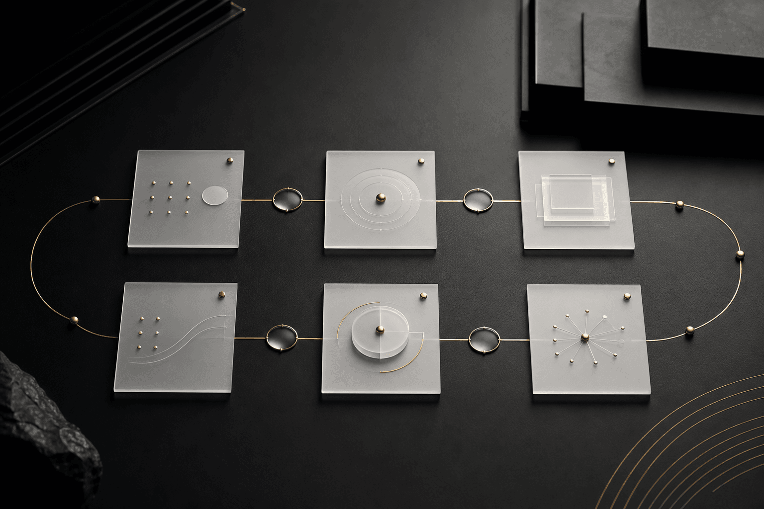 Six physical workflow plates connected by gold verification lines